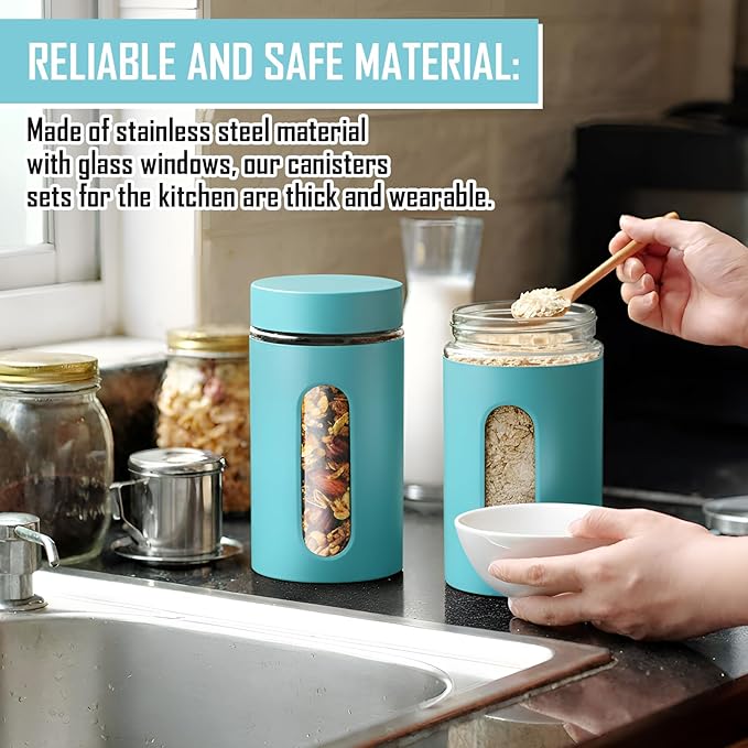 Patelai 6 Pack Kitchen Canisters Set Airtight Stainless Steel Canister Food Storage Container with Window Glass, Coffee Sugar Candy Jars Tea Organizer for Flour Cookies Spice (Turquoise,32 oz)