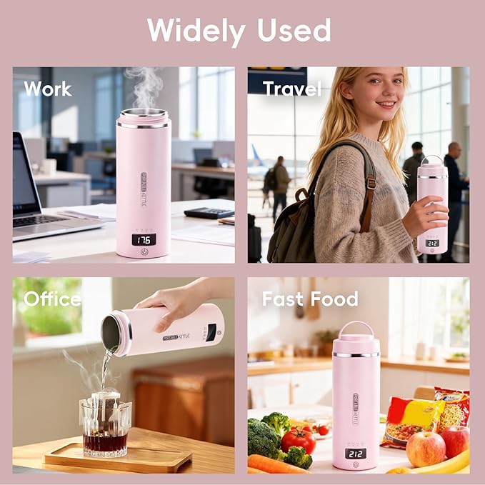 Portable Travel Electric Kettle with Plug-in Boiling & Keeps Warm via USB, 4 Temperature Settings, 304 Stainless Steel with Auto Shut-off, 16oz, Pink