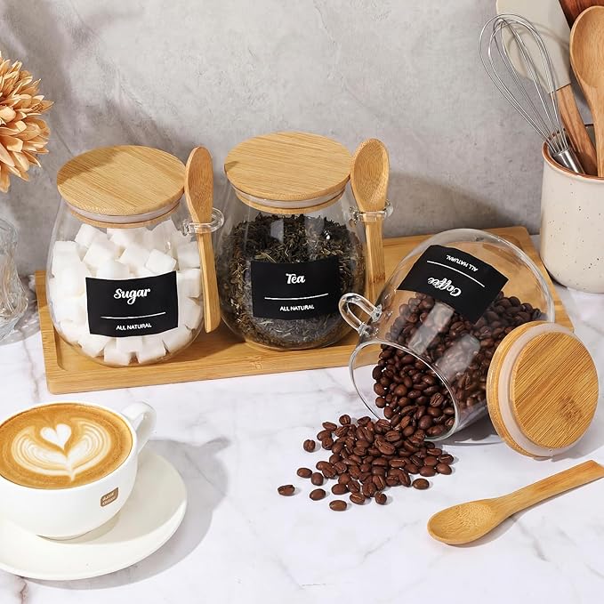 Suclain 3 Pcs Glass Coffee Container with Wooden Lid Spoon Tray Shelf Labels Clear Airtight Glass Jar Storage Container Set for Coffee Beans Tea Leaves Grains Dried Fruits Sugar Spice(28oz)