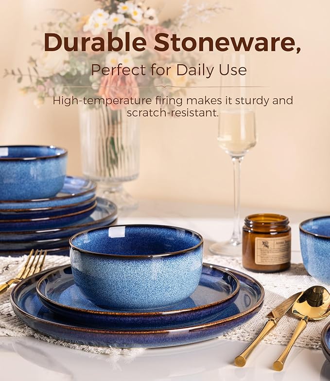 GBHOME Dinnerware Sets for 4, 12 Pieces Stoneware Plates and Bowls Sets, Scratch Resistant Ceramic Dishes, Dishwasher & Microwave Safe, Reactive Glaze-Sea Blue