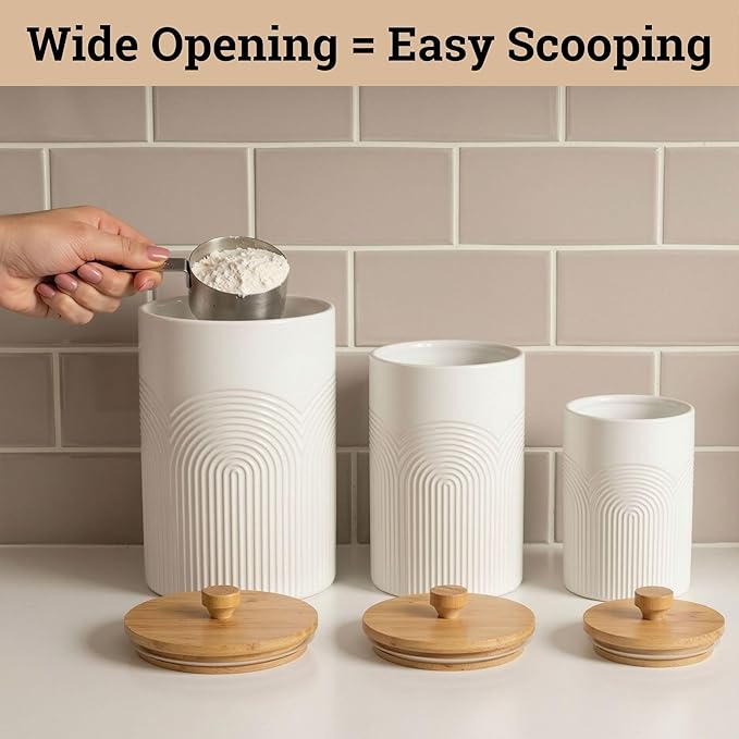 Ceramic Kitchen Canisters for Countertop Set of 3 with Airtight Bamboo Lids - White Kitchen Canisters with Airtight Lids - Flour Sugar Canister Set - Flour and Sugar Containers Farmhouse - Coffee Jar