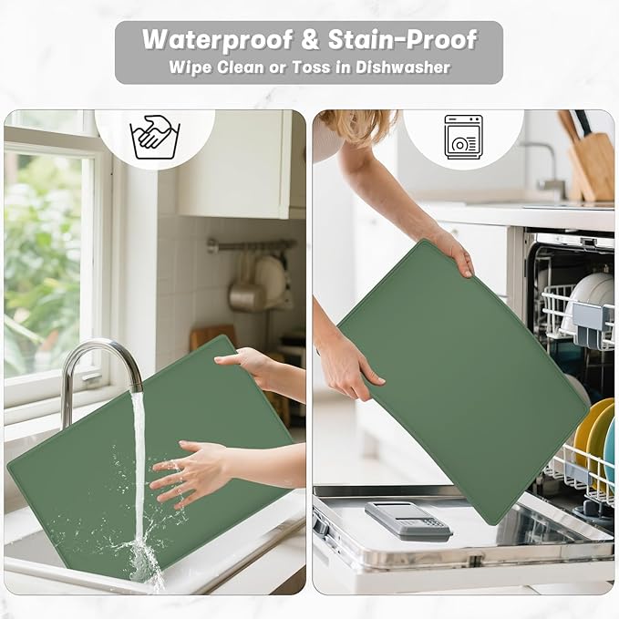 Rnivvi Silicone Coffee Mat, 12" x 19" Waterproof Raised Edge Coffee Bar Mats for Espresso Machine Station Accessories, Heat Resistant Dish Drying Pad for Kitchen Counter, Rubber Bar Decor Pad, Green