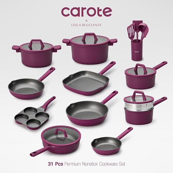 CAROTE 31pcs Pots and Pans Set, Nonstick Cookware Set | Induction Kitchen Set, Durable Coating, Easy Clean, Fit All Stovetops, Even Heating, Purple