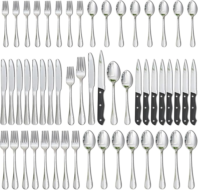 Astercook Silverware Set 48-Piece Flatware with Steak Knives Food-Grade Stainless Steel Cutlery for 8 Mirror Polished Utensils Set Include Spoons and Forks for Home Kitchen Restaurant