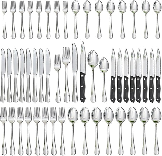 Astercook Silverware Set 48-Piece Flatware with Steak Knives Food-Grade Stainless Steel Cutlery for 8 Mirror Polished Utensils Set Include Spoons and Forks for Home Kitchen Restaurant
