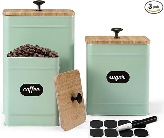 PERFNIQUE Kitchen Canisters for Countertop Set of 3, Airtight Canisters Sets for Kitchen Counter with Lid, Metal Farmhouse Food Storage Containers Jars for Flour Sugar Coffee Tea Spice (Sage Green)