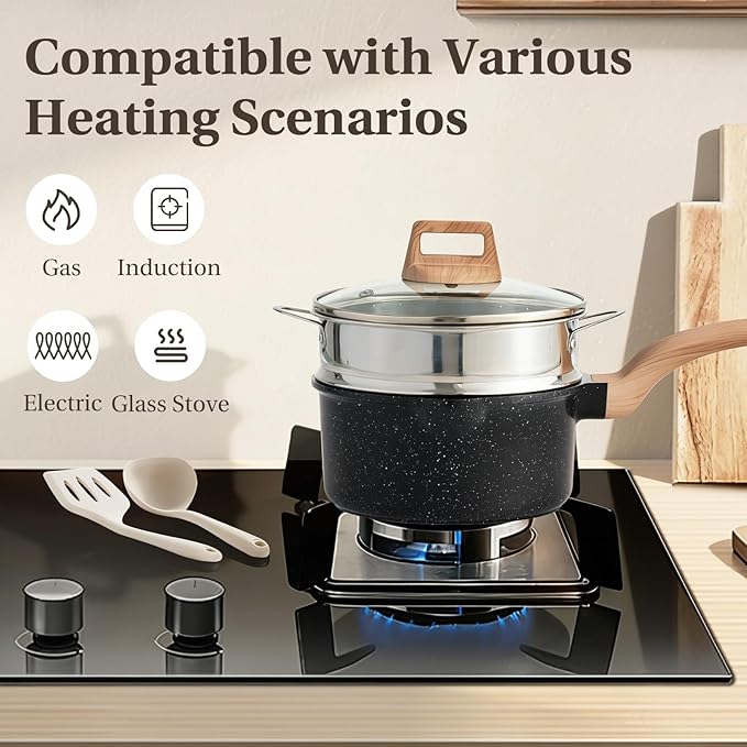 Sweetcrispy Pots and Pans Set, 25 Pcs Nonstick Cookware Set, Induction Kitchen Cooking Set, Non-Toxic Frying Pans & Saucepans (PFOA/PFOS Free) Black