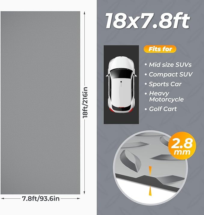 Geemax 7.8 x 18 FT Garage Floor Mats for Under Car, 2.8mm Thickened Rubber Garage Flooring Roll, M Size 140.4 SQFT Garage Car Mat for Mid-Size SUVs, Sports Car