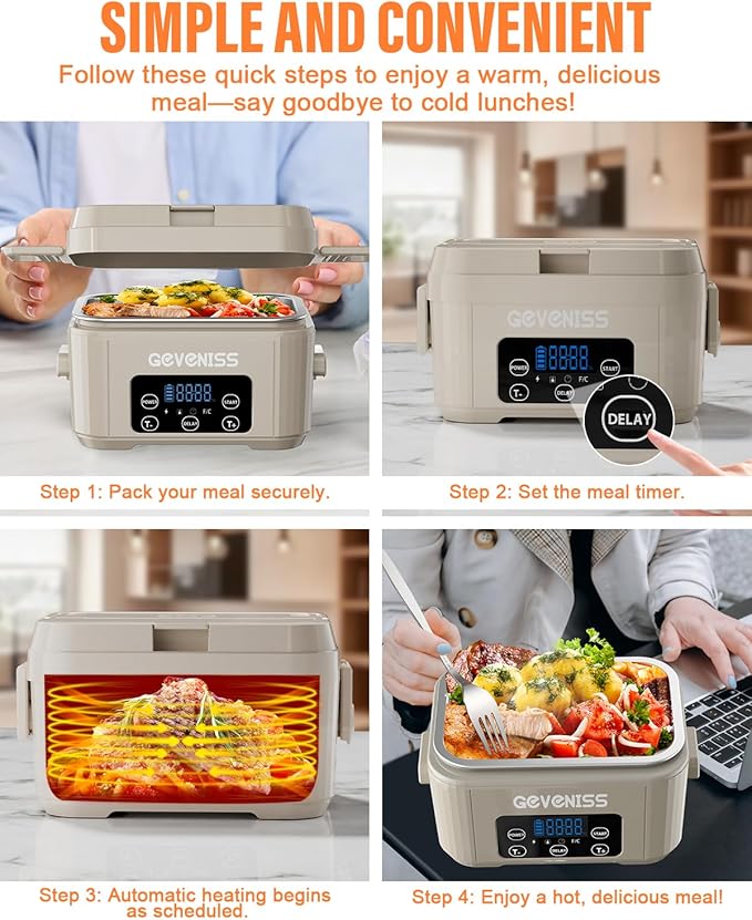 Geveniss Cordless Electric Lunch Box for Adults – Heated Lunch Box with 1100ML SS Container, Battery-Powered Food Warmer with Leakproof Lid, Fast Heating Up to 220°F for Office, Car, Travel