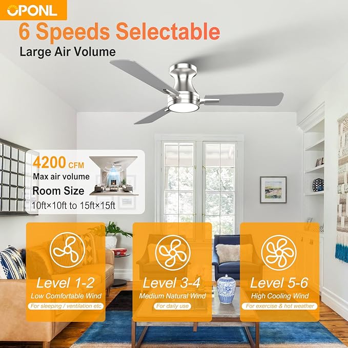 OPONL 42 Inch Nickel Ceiling Fan with Light, Remote Control, Noiseless, Reversible, 6CCT, Dimmable, Timeable, Metal Housing, Flush Mount Ceiling Fans with Lights for Bedroom, Indoor/Outdoor Use