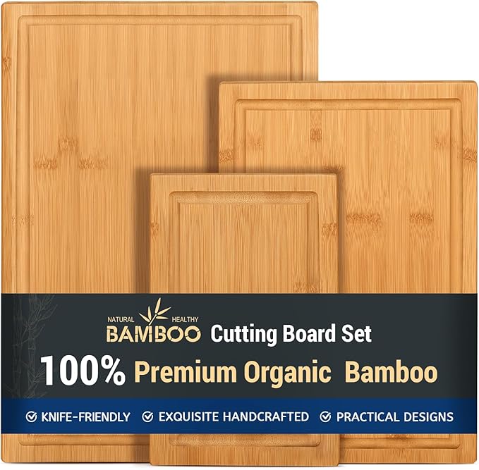 Hiware 3-piece Bamboo Cutting Boards for Kitchen, Heavy Duty Bamboo Cutting Board with Juice Groove, Wood Cutting Board Set for Meat, Vegetables