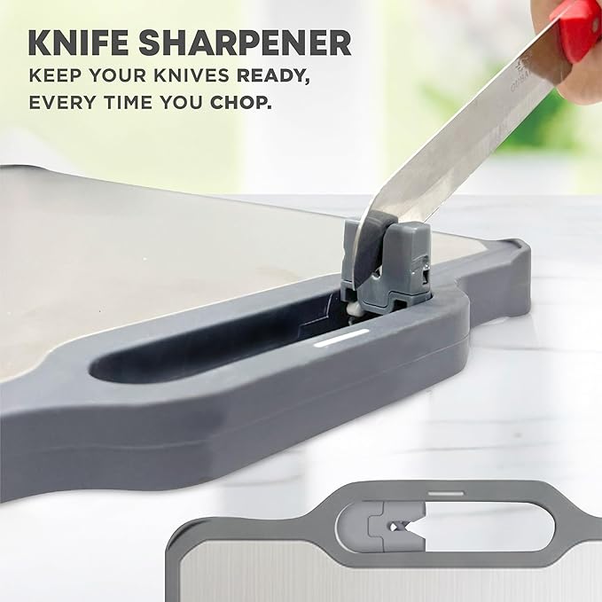 Non-toxicTitanium Cutting Board with Stand, Knife Sharpener, Grater & Storage Bag | Titanium + Wheatstraw PP Chopping Board | Healthy Kitchen Accessory for Meat, Vegetables & Fruit