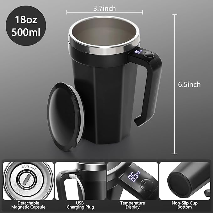 Self Stirring Coffee Mug with Temperature Display, 18 oz Rechargeable Self Stirring Mug with Lid, Automatic Self Stirring Cup, Coffee Mug with Stainless Steel for Coffee, Milk, Beverages, Black