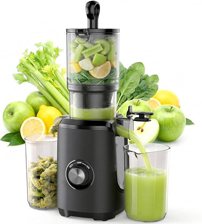 Slow Masticating Juicer Machines, Cold Press Juicer with Safety Lock & Reverse Function, 4.25" Feed Chute for Whole Fruits & Vegetables, High Juice Yield, Black