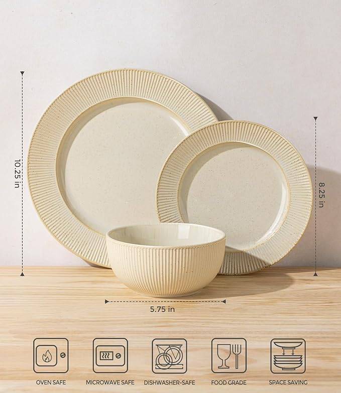 TheTerra Stoneware Dinnerware Sets for 6, 18 Pieces Ceramic Plates and Bowls Sets, Scratch Resistant Embossed Dish Set, Oven, Microwave & Dishwasher Safe, Oatmeal