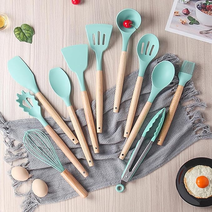 Kitchen Cooking Utensils and Knife Set with Holder Block, 19 Pieces Cooks Cutting Set 11 Pcs Silicone Cooking Utensils Sharp Stainless Steel Knives Scissors Whisk Tongs and Cutting Board (Teal)