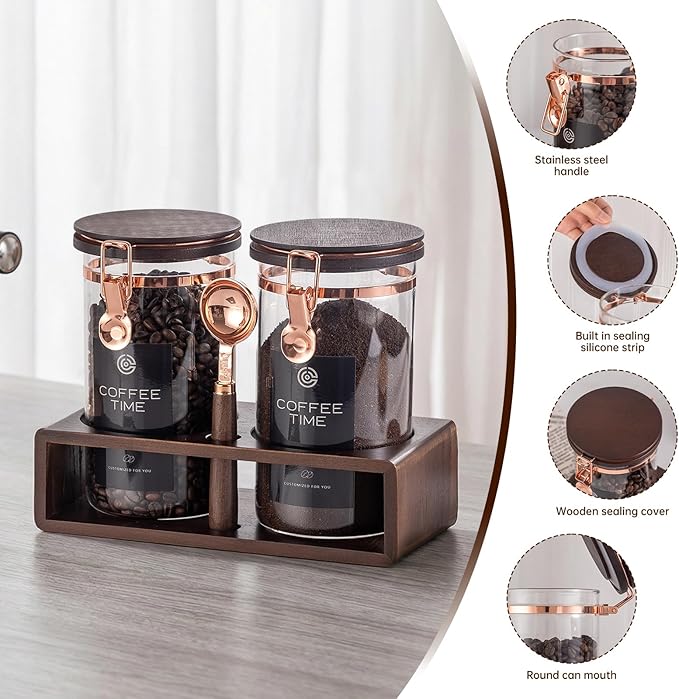 Glass Coffee & Sugar Canister Set, 2×45OZ Airtight Glass Storage Jars with Wooden Shelf and Scoop, Airtight Food Containers for Coffee Beans, Ground Coffee, Sugar and Tea（Rose Gold）