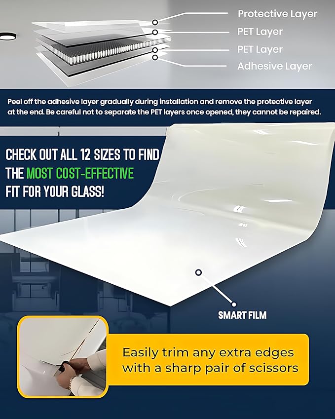 (59.5" x 59.5") Window Privacy Film | PDLC Switchable, Window Film | Smart Film for Windows and Home Office Window | Adhesive Privacy Film | Heat Insulation UV Blocking - Clear to Opaque