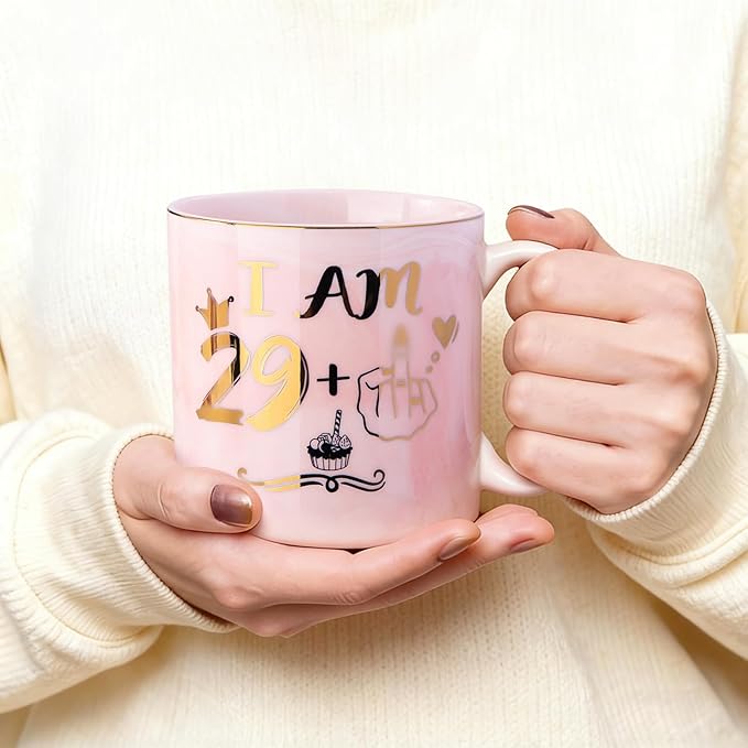 Funny 30th Birthday Gifts for Women - 14oz Pink Marble Ceramic Coffee Mug with Cheeky 29+1 Joke, Elegant Gold Print, Include Greeting Card & Beautiful Gift Box, Perfect for Birthday Celebration, Party