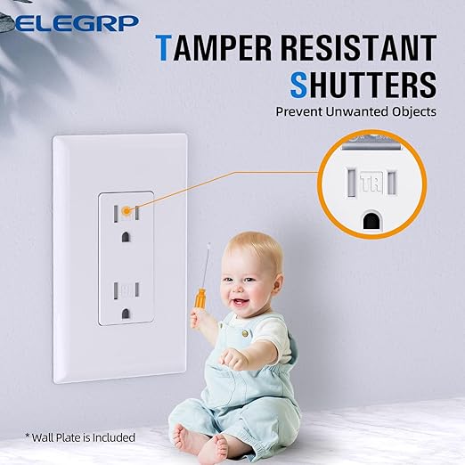 ELEGRP Decorator Wall Receptacle Outlet, Tamper Resistant 15A 125V Standard Electrical Wall Outlet, Residential Grade, Self-grounding, with Screwless Wall Plate, UL (10 Pack, Glossy White)