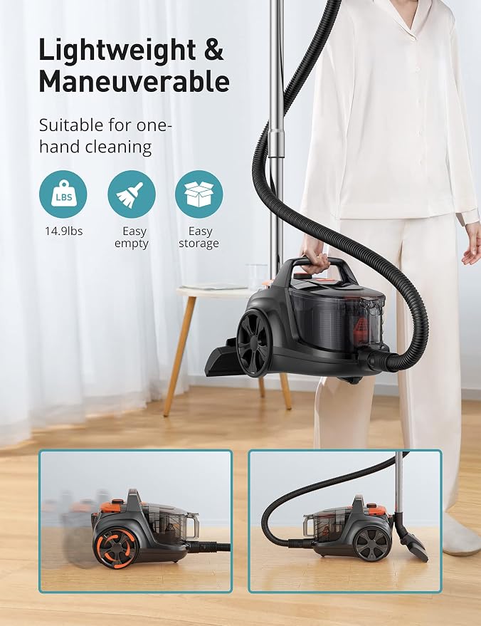 Aspiron Canister Vacuum, Upgraded 1600W Bagless Canister Vacuum Cleaner | Auto Cord Rewind, H13 HEPA Filter, 4Qt Large Capacity, 5 Tools for Hard Floors, Carpet, Pet, Upholstery, Tiles, Tangerine