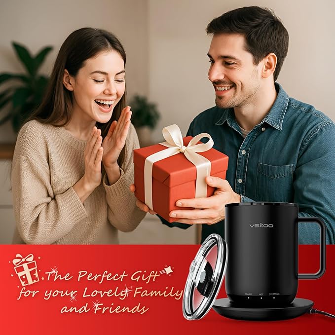 Vsitoo S3 Plus 14oz Self Heating Coffee Mug with Auto-Sensing AI - Smart Rechargeable Heated Mug, Temperature Control 120-150℉, IPX7 Waterproof, Coffee Warmer Gift for Women Men - Black