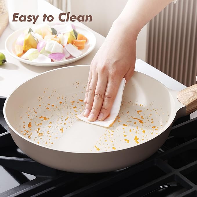 SENSARTE 11inch Ceramic Nonstick Frying Pan Skillet with Lid, Taupe | Non Stick Omelet Pans, Non-toxic Healthy Kitchen Cooking Chefs Pan, PFOA/PFAS/PTFE Free, Induction Compatible
