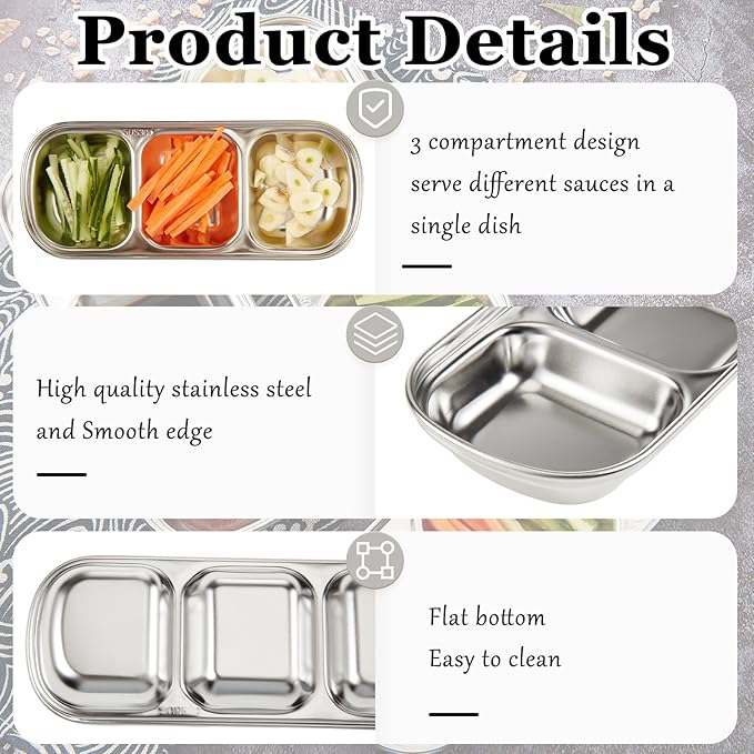 Maxcheck 12 Pcs Soy Sauce Dish Stainless Steel Divided Dip Bowls Korean 3 Compartment Sauce Plate Seasoning Dipping Condiment Tray for BBQ Vinegar Spice Salt Sugar Flavor Home Restaurant (Silver)