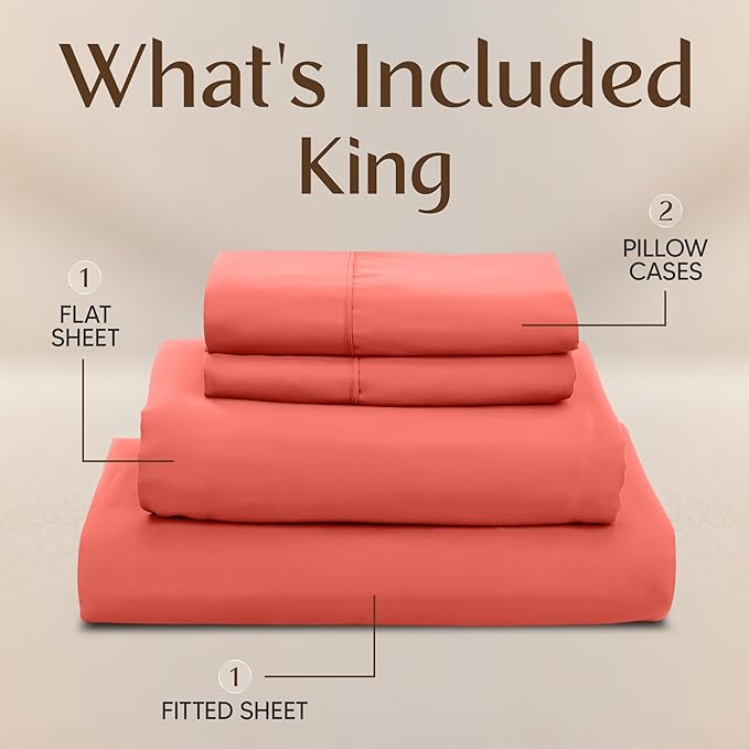 Utopia Bedding King Size Sheet Set – 4 Piece Bed Sheets, Soft and Breathable Microfiber, Includes 1 Fitted Sheet, 1 Flat Sheet and 2 Pillowcases – Oeko Tex (Coral)