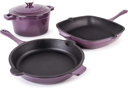BergHOFF Grill Pan 11 inches, Fry Pan 10 inches, 3qt. Dutch Oven, Matching Lid, Fast, Evenly Heat, Oven Safe, Neo 4Pc Enameled Cast Iron Cookware Set, Purple