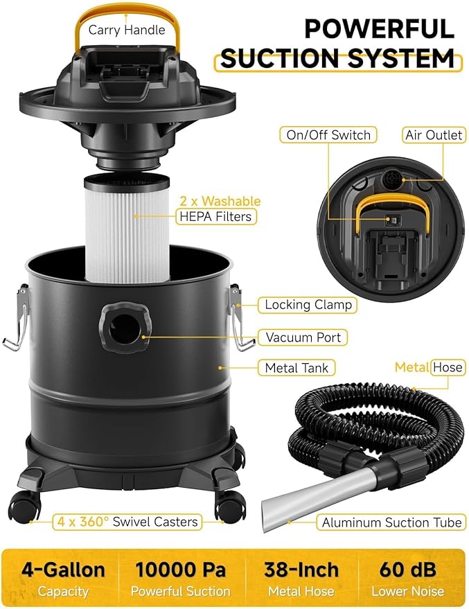 Cordless Ash Vacuum for Pellet Stoves, for DEWALT 20V Max Battery, Pellet Stove Vacuum Cleaner with 2 HEPA Filters, Powerful Suction, 4 Gallons & 4 Wheels, 38" Hose for Wood Fireplaces, BBQ Grills