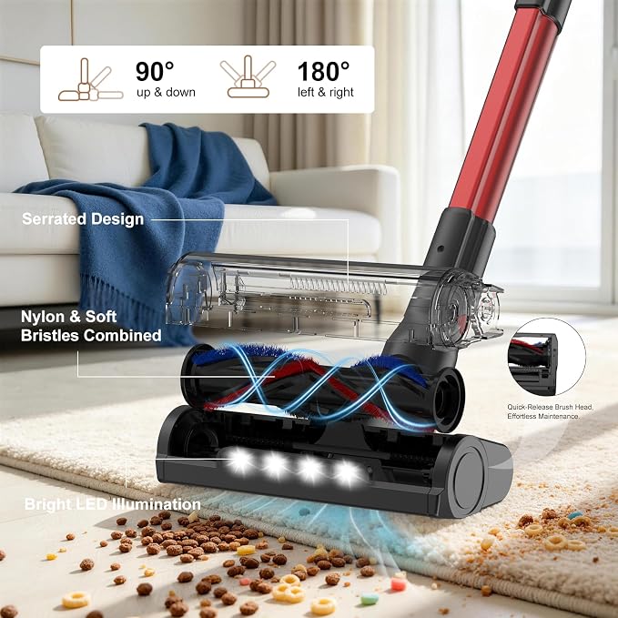 Cordless Vacuum Cleaner for Home Lightweight Anti-Tangle Brush | 500W Powerful Suction, 3 Suction Modes, Touch Screen, LED Light, Stick Vacuum for Home Pet Hair Floors Car Carpets Dorm