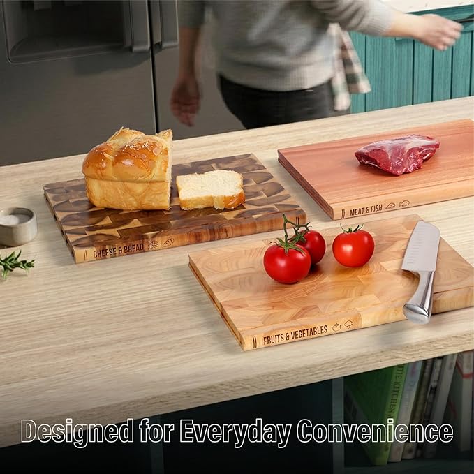 Book Cutting Board Set of 3 with Stand-The Cutting Board Library, Solid Wood Book-Shaped Boards for Serving & Display, Labeled Meat & Fish, Bread & Cheese, Fruits&Vegetables-Decorative Cutting Boards.