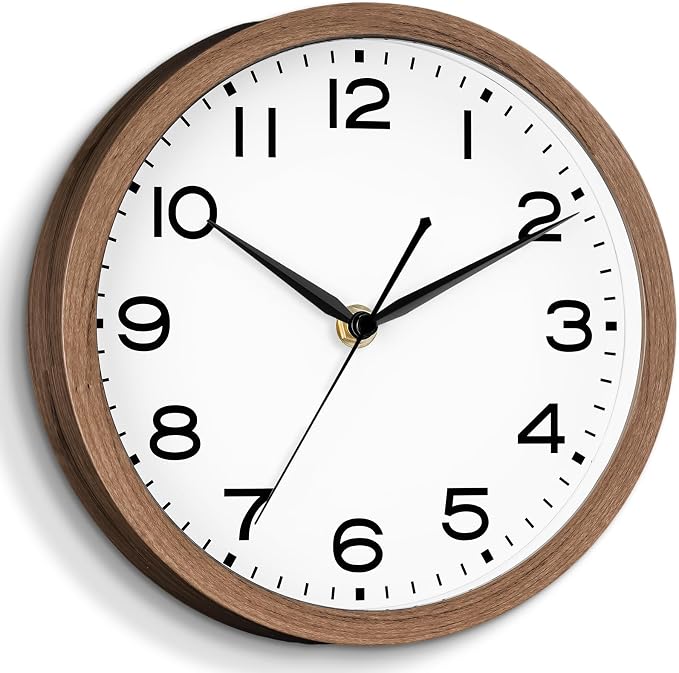 AKCISOT 10 Inch Wall Clock, Battery Operated Analog Clock, Silent Non-Ticking, Ideal for Bedroom, Bathroom, Kitchen, Office and School, Walnut