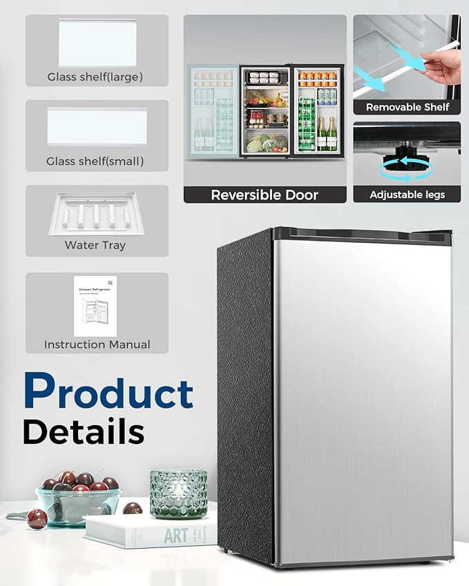 Feelfunn Mini Fridge with Freezer - 3.2 Cu.Ft Single Door Mini Refrigerator with Adjustable Thermostat, Low Noise, Energy Saving, Small Fridge for Bedroom, Apartment, Dorm, Classroom, Office - Silver