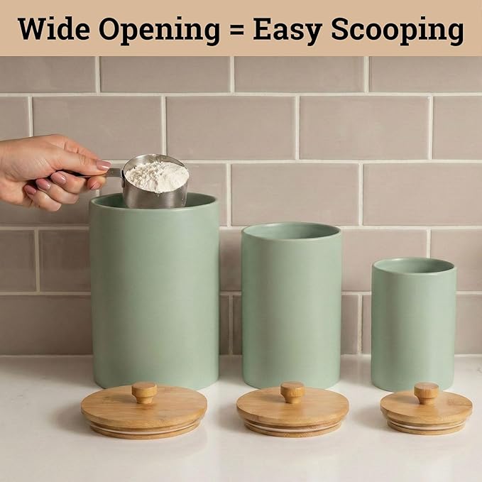 Ceramic Kitchen Canisters for Countertop Set of 3 with Airtight Bamboo Lids - Sage Kitchen Canisters with Airtight Lids - Flour Sugar Canister Set - Flour and Sugar Containers Farmhouse - Coffee Jar