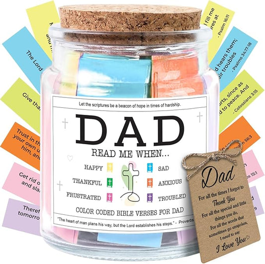 NewEleven Birthday Gift For Dad From Daughter, Son - New Dad Birthday Gift, Bible Verse Jar For Father - Decorative Glass Inspirational Scripture Jar with 92 Bible Verses