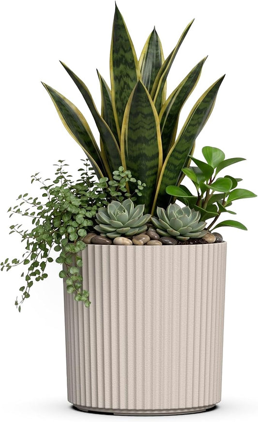 Mayne Haven 10-Inch Fluted Planter, Round Planters for Outdoor Plants, Lightweight Concrete Look Plant Pots for Porch, Patio, Garden and Entryway Décor, Chai