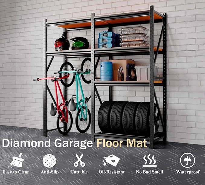 StellarStar 4x8 FT Garage Floor Mat, 2mm Thickened Ribbed PVC Diamond Plate Garage Mat with 20PCS Tapes, Rubber Flooring Rolls for Under Car, Rubber Motorcycle Mat for Golf Cart, Trailer, Gray
