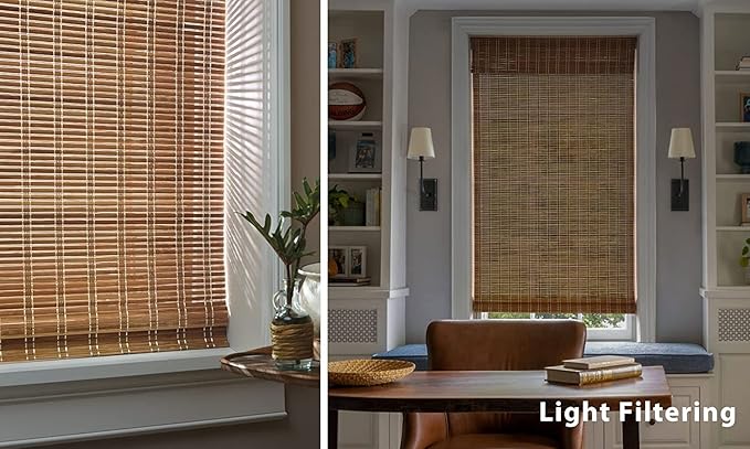 LazBlinds No Tools No Drill Cordless Bamboo Roman Shades, Light Filtering Window Treatment, Roll Up Bamboo Blinds for Windows 39'' W x 72'' H, Brown