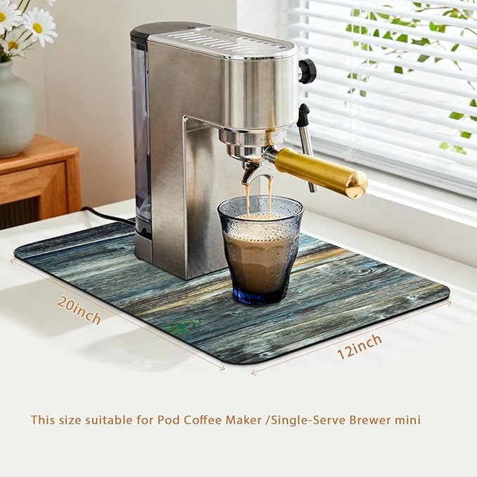 Coffee Mat 19x12 Inch, Wood Grain Counter Top Mat, Absorbent Hide Stain Rubber Backed Dish Drying Mat for Kitchen Counter, Bar Mats for Countertops, Under Coffee Bar Maker Machine Pot Espresso Staion