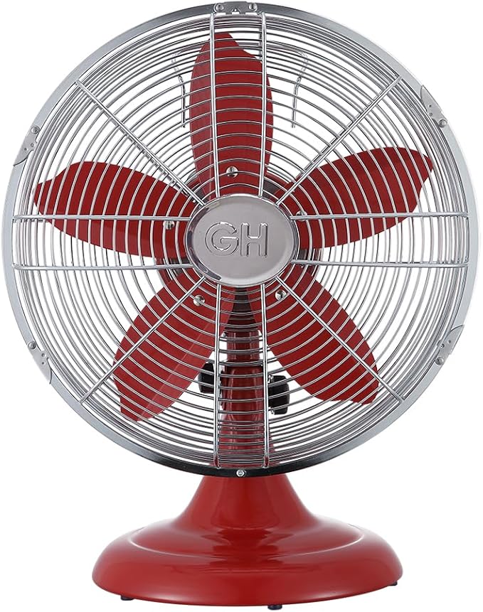 Good Housekeeping 92611 All-Metal 12" Retro Desk Office Table Fan with Wide Oscillation, 3-Speed Settings & Carrying Handle, Crimson Red