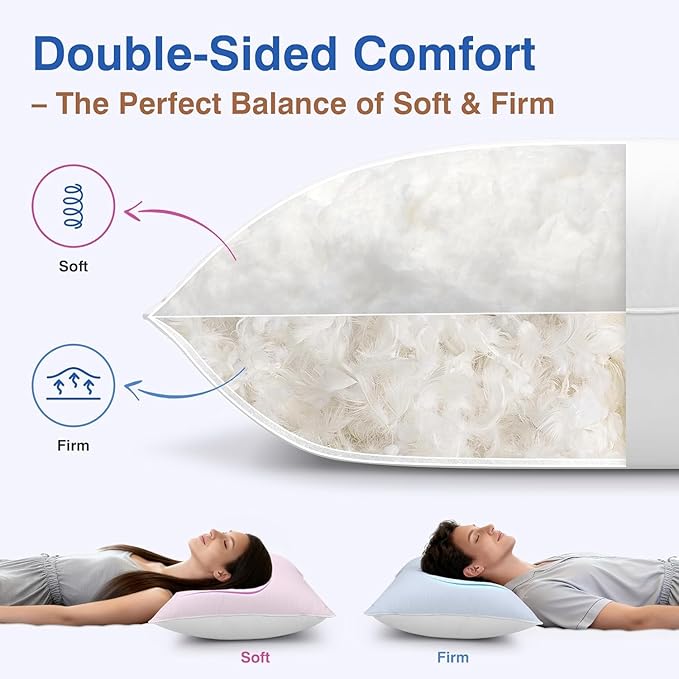 COZSINOOR Goose Feather Pillows Queen Size - Pack of 2, Hotel Down Bed Pillow for Sleeping, Soft 600 TC Cotton Cover, Fluffy Support Surround Fill Dual-Sided Design: Different Firmness on Each Side