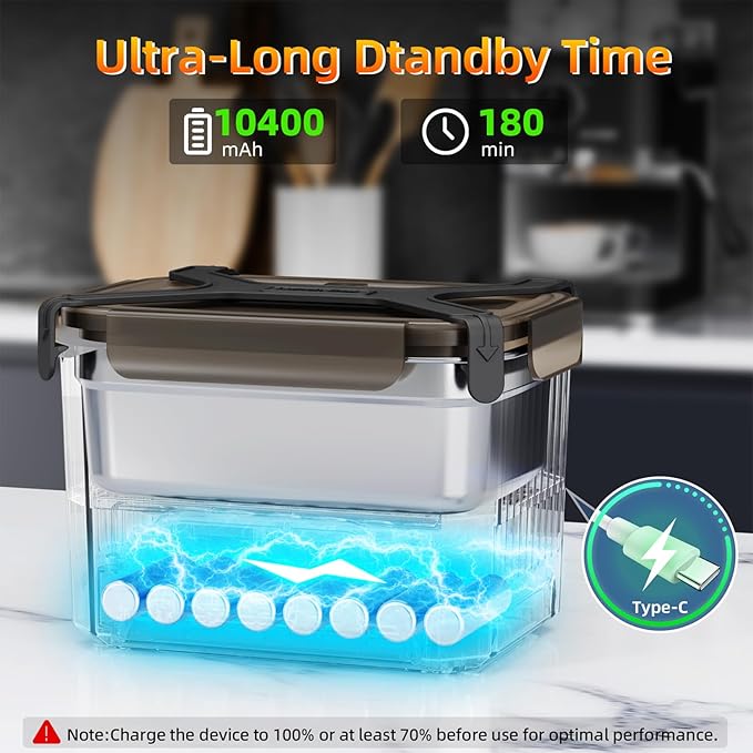 Cordless Electric Lunch Box, 1.2L Self Heating Lunch Box Battery Powered with Automatic Heating, BPA Free, Meal Prep Friendly, Portable Food Warmer for Work, Construction, Truck & Travel (Black)