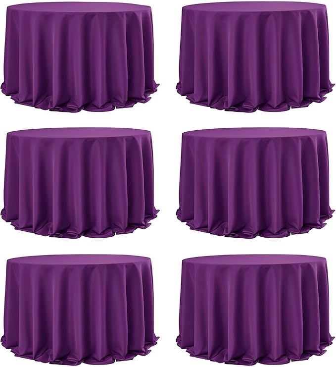 6-Pack Purple Round Tablecloths, 132 Inches, Stain-Resistant Polyester for 6-8 Ft Round Tables - Washable Table Covers for Weddings, Banquets, Birthday Parties, Events