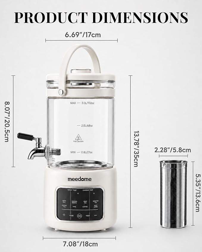 3L Electric Kettle & Beverage Dispenser with Infuser, Spigot - All-in-One Health Pot for Iced Tea/Coffee, Temperature Control, Glass Pitcher - Home & Office Use