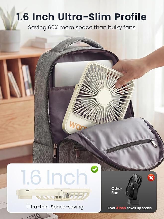 Warmco 10000mAh Portable Travel Fan 7-inch, Max 24H Runtime, Ultra-thin Quiet Rechargeable Battery Operated Desk Fan with Digital Display for Camping, Office, Bedroom, Cruise Essentials