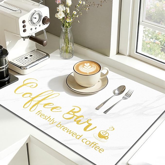 Findosom Dish Drying Mat, 17"x 32" Super Absorbent & Hide Stain Coffee Mat, Cuttable Drying Mat for Kitchen Counter, Coffee Bar Accessories, Under Dish Rack, Coffee Maker, Espresso Machine, White