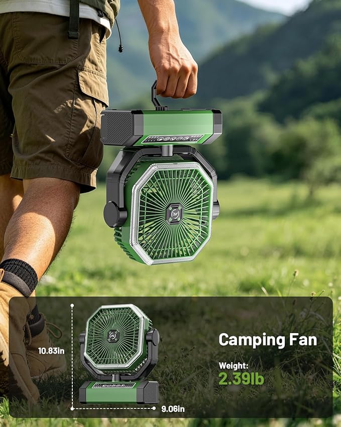 Allsion Camping Fan - 24000mAh Portable Fan, Rechargeable Fan with Light & Remote, Battery Powered Fan 4 Speed Strong Airflow, Desk/Camping/Outdoor/Gym Fan for Office Travel Treadmill Camping Gear