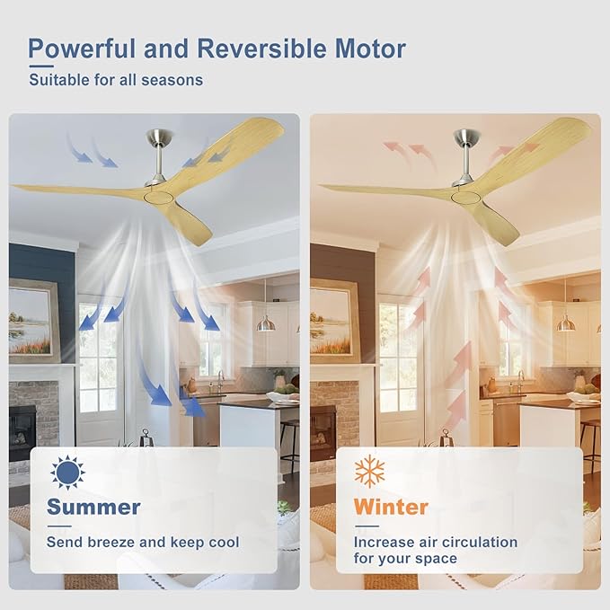60 Inch Ceiling Fan: 3 Blades Ceiling Fans No Light Reversible Quiet Dc Motor - Outdoor Ceiling Fan for Patios with Remote Control for for Indoor Bedroom Farmhouse